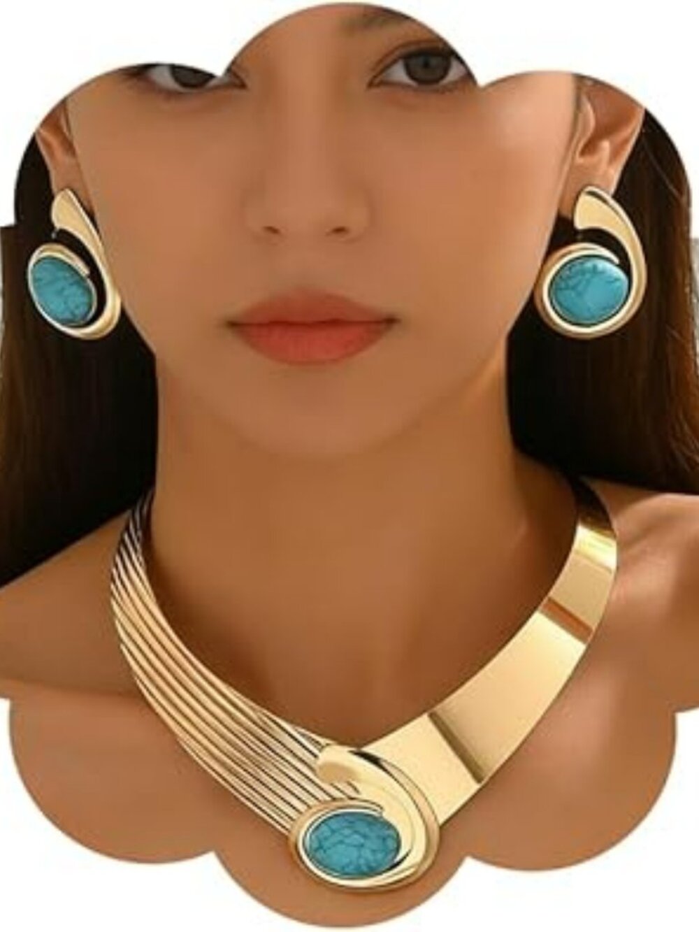 NEW Chunky Gold Statement Earrings Necklace Jewelry Set Oversized w Turquoise